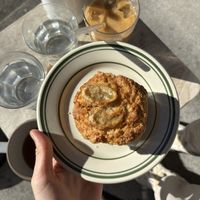 Banana caramel muffin and oat latte  at Universal Bakes and Cafe in Tokyo