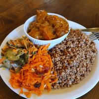 Vegetable curry with buckwheat and salads at Glonojad in Krakow