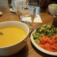 Vegan pumpkin soup, salad at Glonojad in Krakow