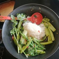 Half eaten (oops) stir fried green vegetables with rice at Boss Noodles in Katoomba