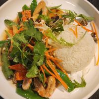 Vegan prawns with snow peas at Boss Noodles in Katoomba