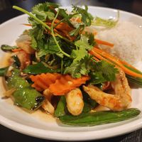Vegan prawns with snow peas at Boss Noodles in Katoomba