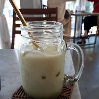 Green tea latte with oat milk at Vegan & Beyond in Seoul