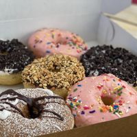Vegan donuts: strawberry, peanut chocolate, Oreo, and French toast  at Freddy Donuts in Fredericksburg
