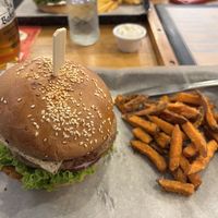 Vegan burger with sweet potato fries and vegan mayonnaise   at IBA.TU Bistro in Vysoke Tatry