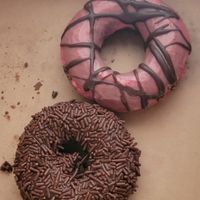 Chocolate Raspberry (top), Triple Chocolate (bottom) at Pandamonium Doughnuts in Champaign