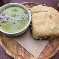 hummus sandwich with pea soup  at Green&Burger - Biocenter in Barcelona