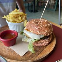 Happy burger with delicious ketchup and vegan cheesee  at Green&Burger - Biocenter in Barcelona