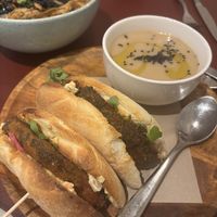 Katsu burger with a soup side - excellent   at Green&Burger - Biocenter in Barcelona