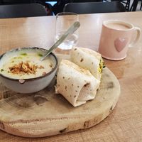 Brekkie Wrap, Creamy cauliflower soup and hot chocolate at Grounds & Greens Cafe in White Rock