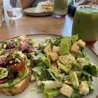 greens toastie and a strawberry matcha latte  at Grounds & Greens Cafe in White Rock