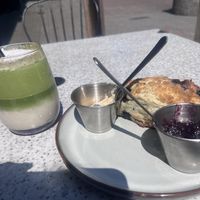 Matcha and lavender iced oat latte   at Grounds & Greens Cafe in White Rock
