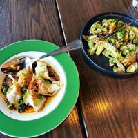 Spicy truffle shrimp wontons and Brussels sprouts at Chi in Vancouver