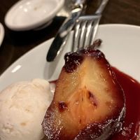 Poached pear w coco ice cream  at Chi in Vancouver