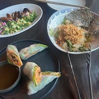 Mushroom skewers, pomelo salad, and vegetable rolls    at Chi in Vancouver