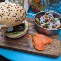 Vegan burger with rosemary potatoes at La Cantine de Sam in Paris