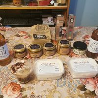 Some of the products sold at the market: vegan tartar sauce and cooking cream, lavender and menthol syrup, tiramisu, pâtés, organic coconut oil for cooking, and for salads.  at Vegan Sunday Market in Budapest
