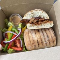 BBQ seitan ciabatta w/side salad at Plant & Planet in Castleton