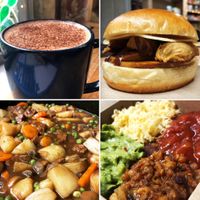 Hot choc / breakfast roll / vegan beef cassoulet / Texas bean chilli at Plant & Planet in Castleton