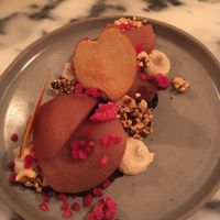 Dessert : poached pear, chocolate, buckwheat, raspberries at Senhor Uva in Lisbon
