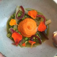 Aguachile, green peas, cucumber, celery, sweet potato, nasturtium at Senhor Uva in Lisbon