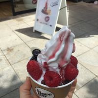 frozen yogurt with chocolate covered coffee beans, amarena cherries and raspberries  at I Love Leo in Stuttgart