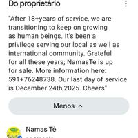 aviso no perfil do restaurante at Namas Te in La Paz