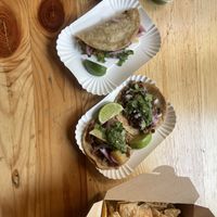 Vegan quesabirria (top) and al pastor and carnitas tacos, plus three salsa. He’ll tell you the spicy is SUPER spicy, but it’s medium-hot.  at Taco Love in Berlin