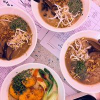 Spicy miso ramen and three bowls of creamy shio ramen — you can clearly see which is our favourite!  at Vegan Ramen Shop - Jana Pawla in Warsaw