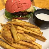 Beet burger with sweet potatoes fries   at iVegan Supershop Westlake Hanoi - Healthy Plant Based Cafe in Hanoi