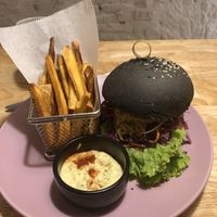 Mushroom burger in charcoal bun  at iVegan Supershop Westlake Hanoi - Healthy Plant Based Cafe in Hanoi