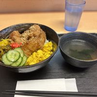 Rice bowl with vegetal proteins and a soup  at Yume-an ゆめ庵 in Tokyo