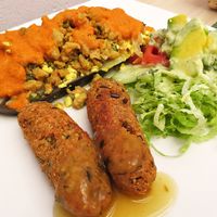 So, so moussaka, but delicious quinoa burgers. at La Esquina Vegetariana in Bogota