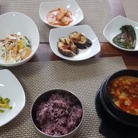 Spicy soft tofu stew + side dishes ❤❤❤❤ at Soban Vegan 소반 비건식당 in Busan