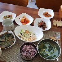 Soup of the day, with a delicious helping of banchan. at Soban Vegan 소반 비건식당 in Busan