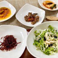 Salad and sides!  The dish in the center I believe is one of those canned fake meats they sell in the small grocery section of the restaurant.  I liked it!  at Soban Vegan 소반 비건식당 in Busan