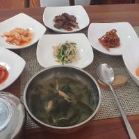 Daily soup menu (with rice and side dishes) at Soban Vegan 소반 비건식당 in Busan