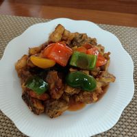 Pyogo tangsu - fried shitake mushrooms with veges in sweet & sour sauce at Soban Vegan 소반 비건식당 in Busan