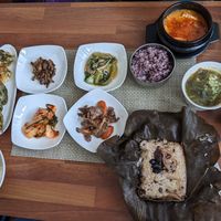 Rice, the day's soup, and some banchan. at Soban Vegan 소반 비건식당 in Busan
