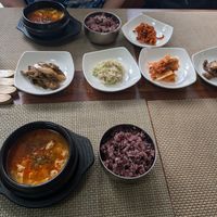 Two portions of tofu stew and banchan at Soban Vegan 소반 비건식당 in Busan