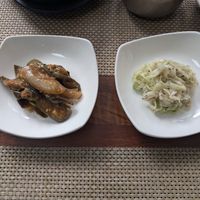 Sautéed aubergines and seasoned cabbage at Soban Vegan 소반 비건식당 in Busan
