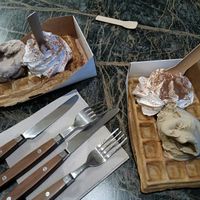 Vegan waffles with ice cream & chantilly cream. at Jolly Chocolat in Bordeaux