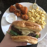 Fried chickn sandwich with Mac and buffalo cauliflower at My Mama's Vegan in Baltimore