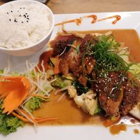 Seitan, vegetables and jasmin rice at Vevi in Vienna