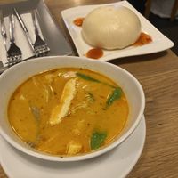 Appetizers: coconut milk soup and bao  at Vevi in Vienna