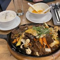 Fried vegetables and a meat replacement with white rice  at Vevi in Vienna