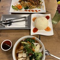pho with veggies and tofu, steamed bahn  bao, friend wheat noodles with veggies and soy strips. Soo, delicious!!!   at Vevi in Vienna
