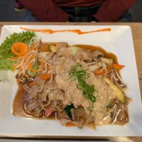 Creamy noodle and soy meat dish at Vevi in Vienna