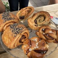 pesto bun, seitan cheese, cinnamon bun  at Loaf Sourdough Bakery in Utrecht