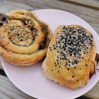 Pesto roll and seitan roll, both very tasty but the seitan one is out of this world at Loaf Sourdough Bakery in Utrecht